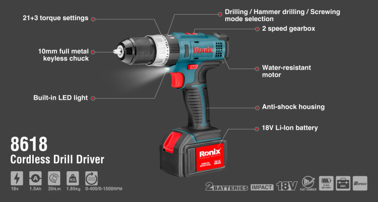 دریل پیچ گوشتی چکشی شارژی 18 ولت رونیکس (Ronix) 8618 ابزار صنعتی الهی شیراز