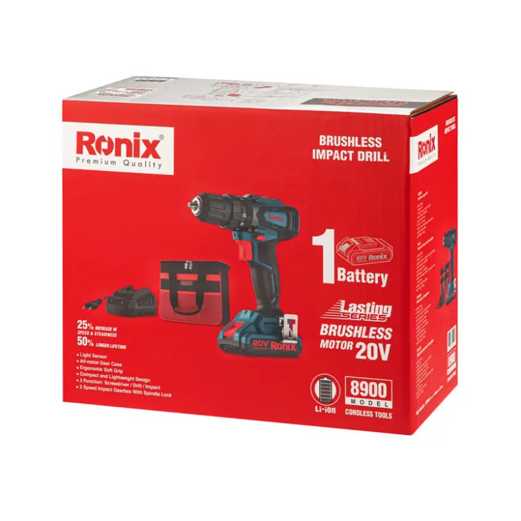 دریل پیچ گوشتی چکشی رونیکس (Ronix) شارژی براشلس 20 ولت-8900 ابزار صنعتی الهی شیراز